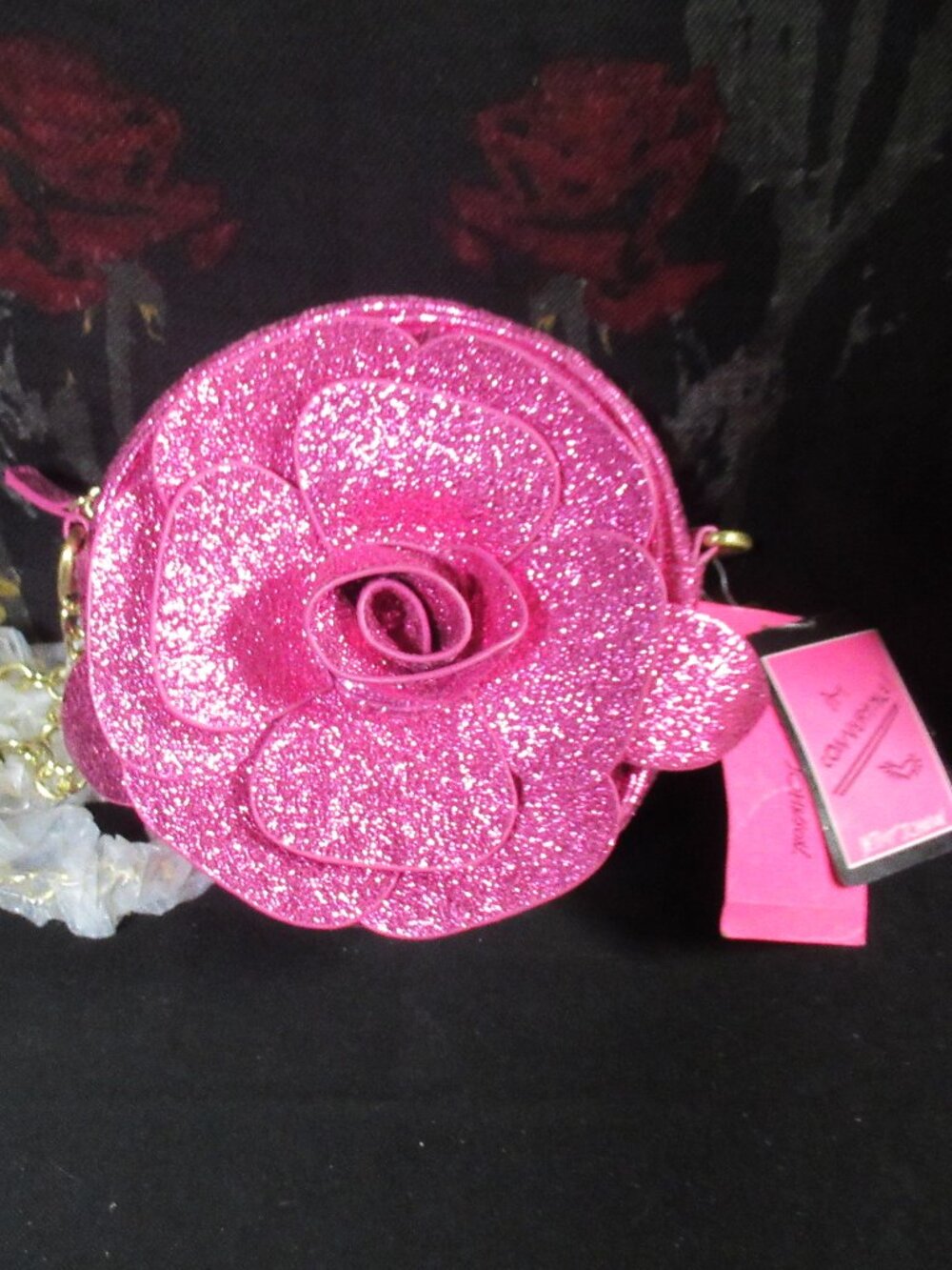 Betsey Johnson Glitter Rose Convertible Purse w/Goldtone Chain Shoulder Strap